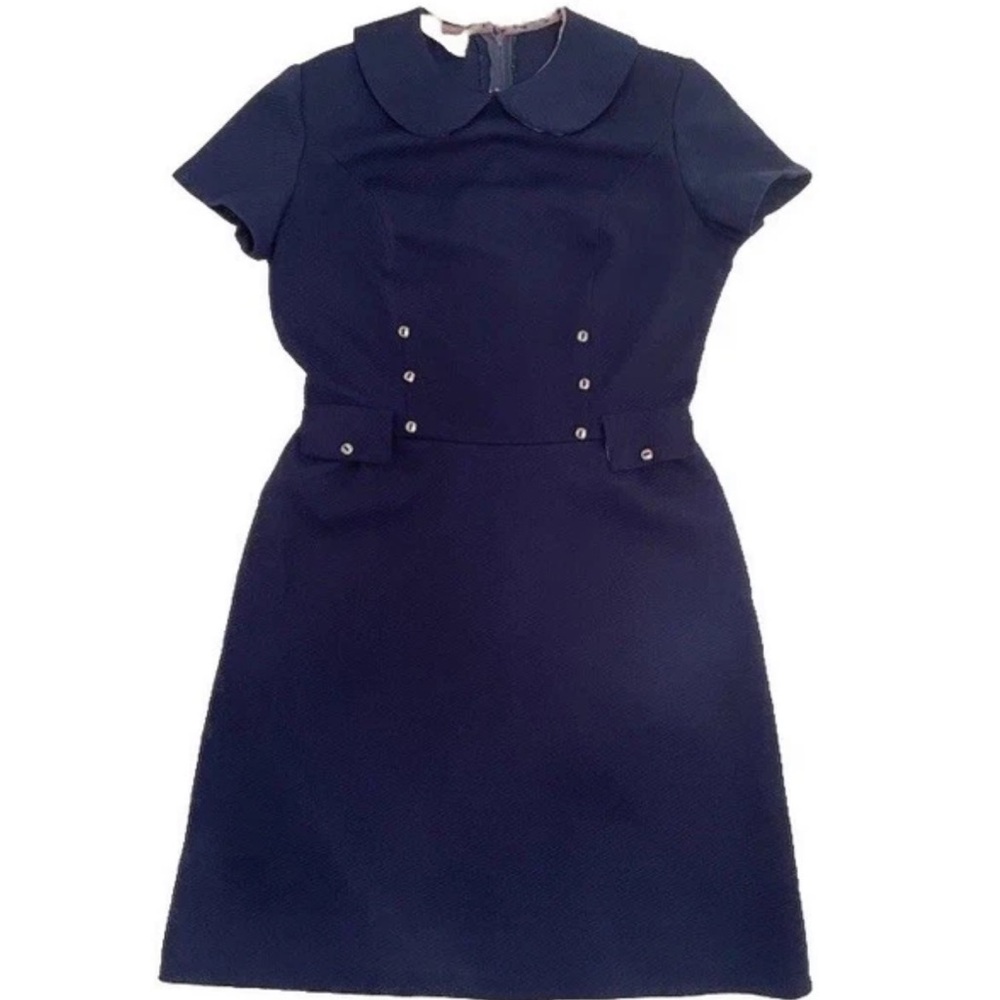 Vintage S Small 50’s 60’s Country Fair Navy Blue Shift Dress